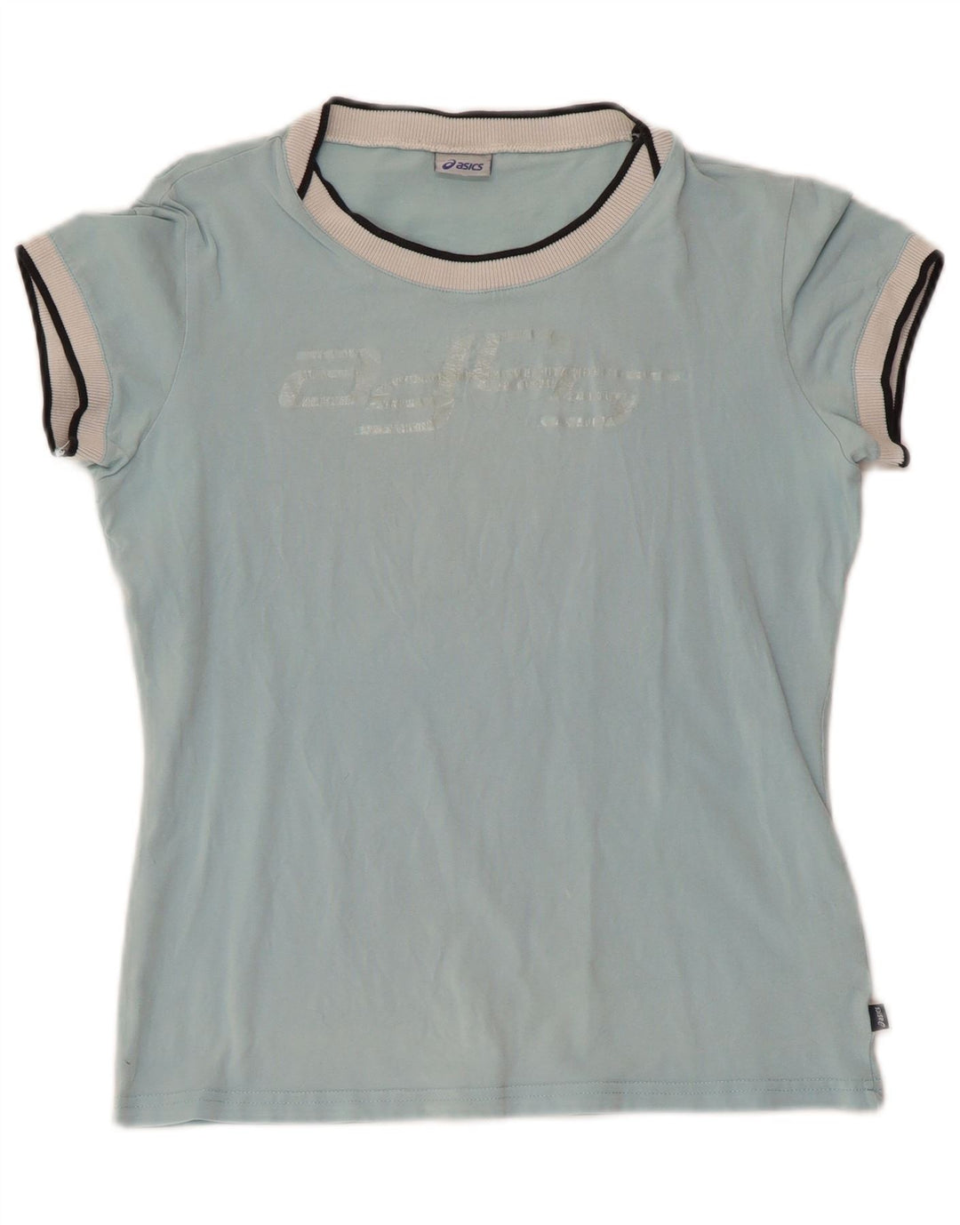 ASICS Womens Graphic T-Shirt Top UK 12 Medium Blue Cotton