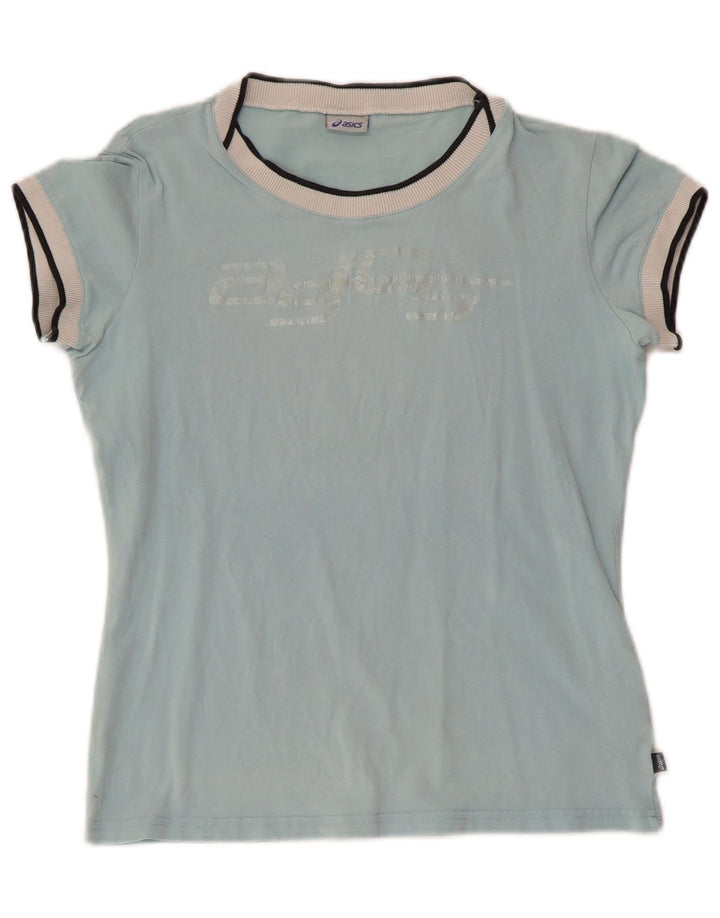 ASICS Womens Graphic T-Shirt Top UK 12 Medium Blue Cotton