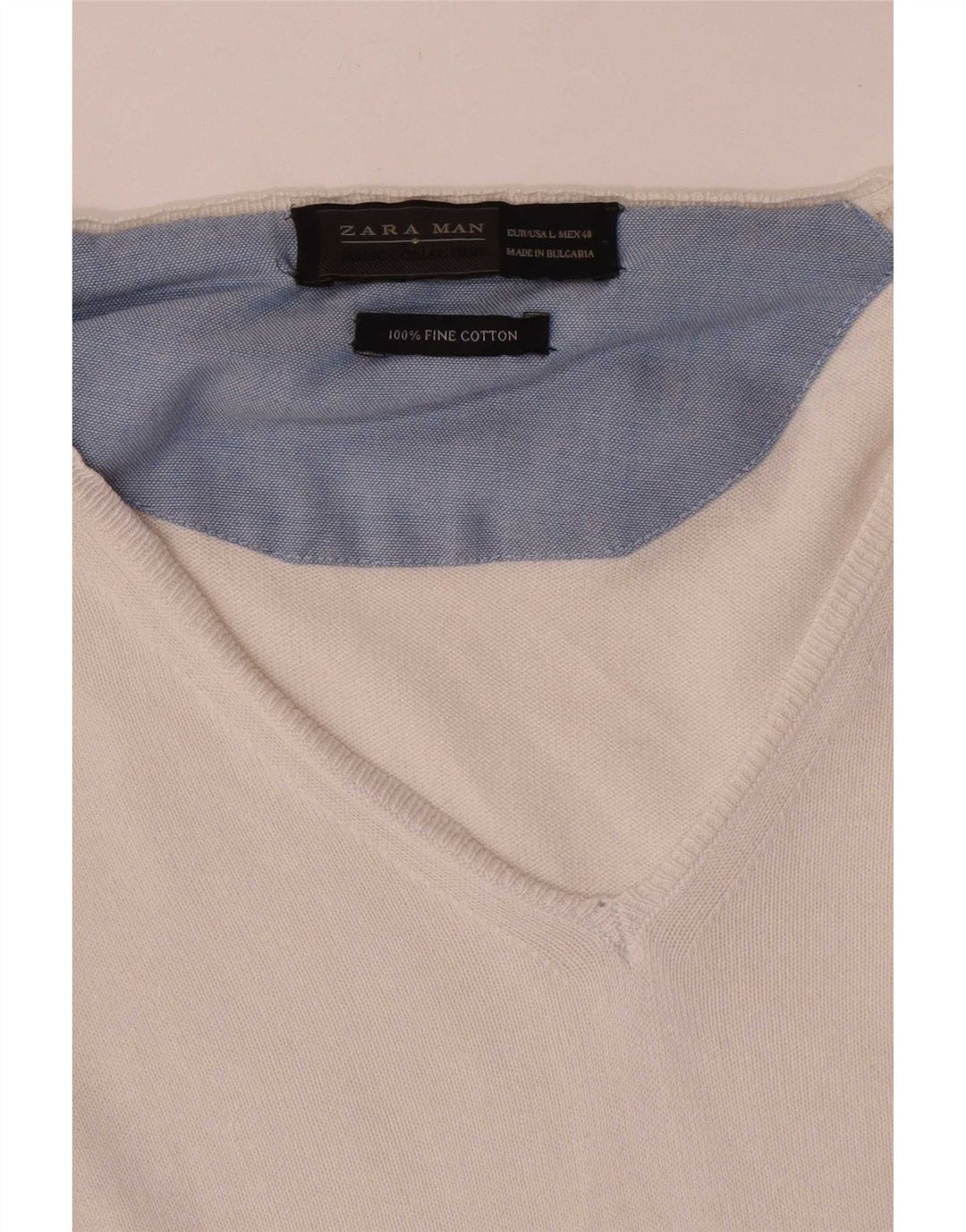 Zara Mens V-Neck Jumper Sweater Large White Cotton