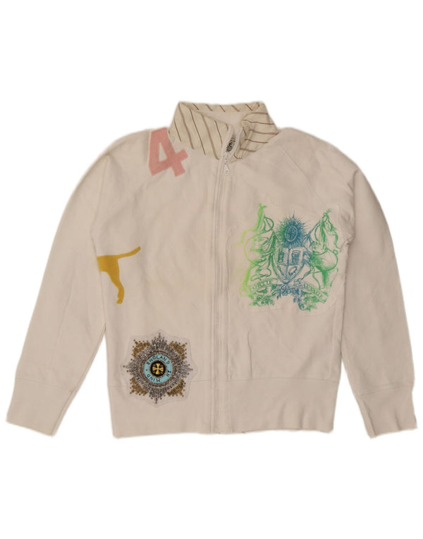 vintage Femme Graphique Survêtement Top Veste UK 16 Grand Coton Blanc