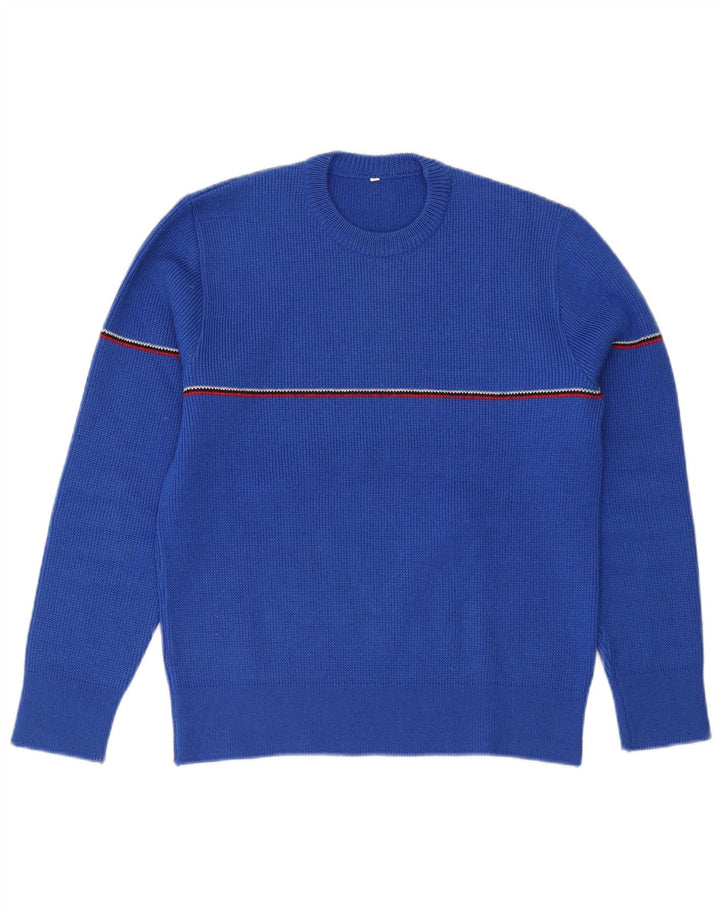 Vintage Mens Crew Neck Jumper Sweater Small Blue Striped Wool