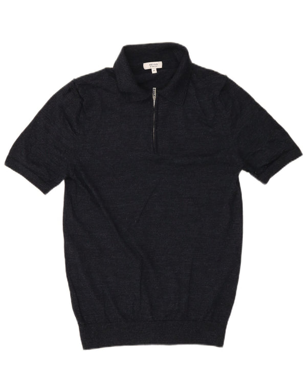 Reiss Mens Short Sleeve Polo Neck Jumper Sweater Medium Navy Blue Flecked