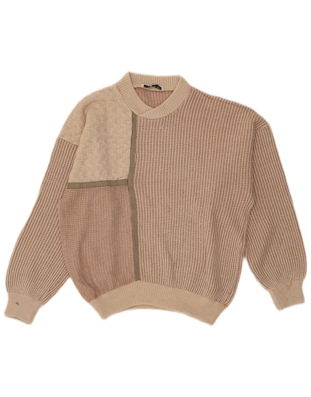 Oscar Forghieri Herre Crew Neck Jumper Sweater Medium Beige Stribet Uld