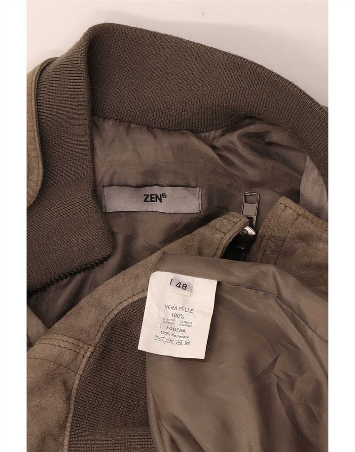 Zen Mens Bomber Leather Jacket IT 48 Medium Brown Leather