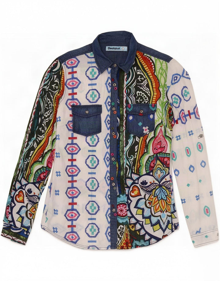 Camisa gráfica feminina Desigual UK 14 grande multicolorida geométrica