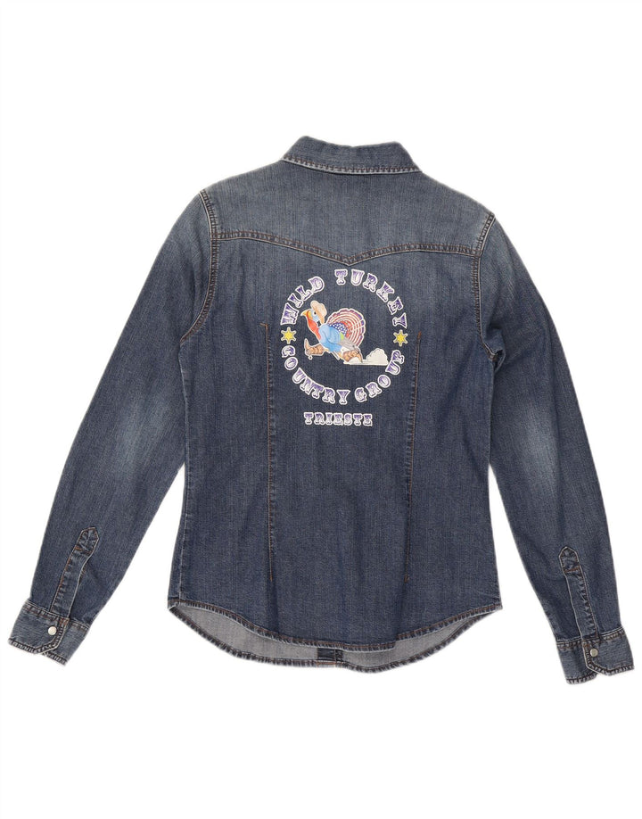 Benetton Dame grafisk denim skjorte UK 12 Medium Blue Cotton