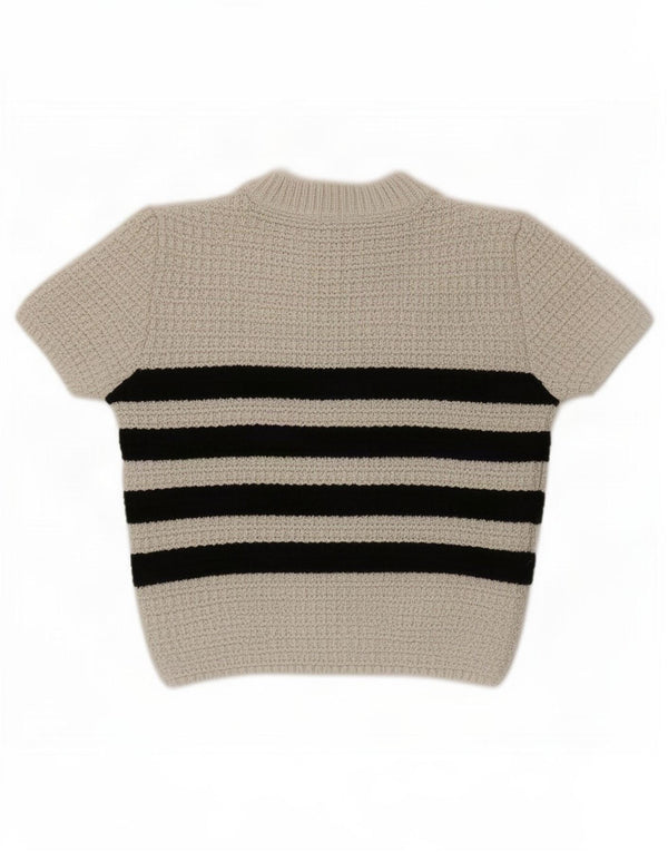 Zara Womens Crop Crew Neck Jumper Sweater UK 10 Petit Beige Rayé