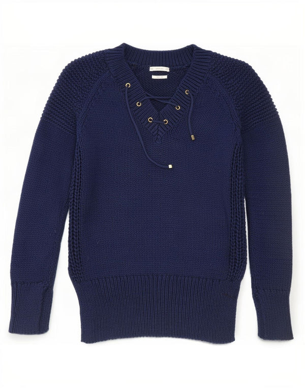 Zara Womens V-Neck Jumper Sweater UK 10 Small Navy Blue Cotton