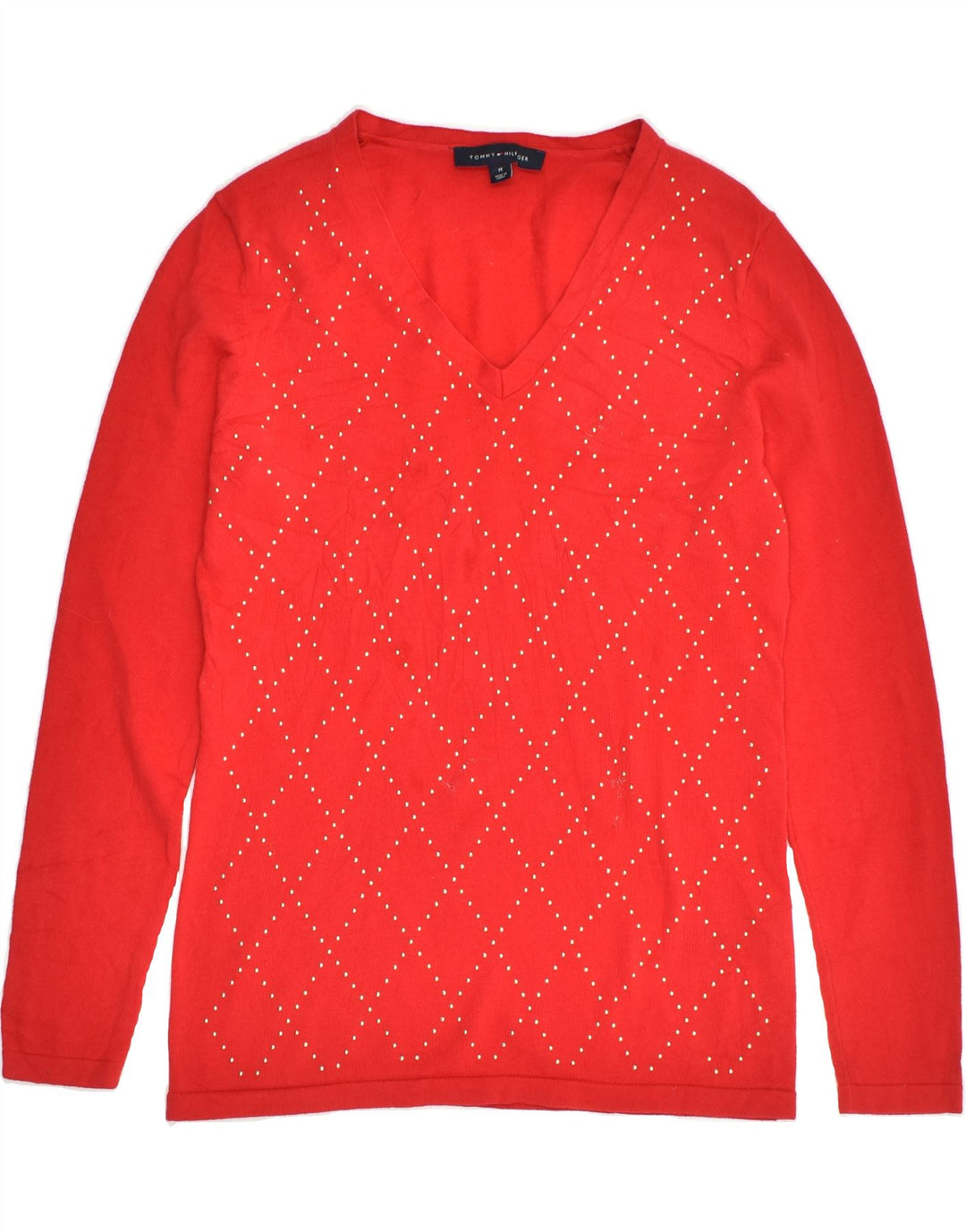 TOMMY HILFIGER Womens V-Neck Jumper Sweater UK 14 Medium Red | Vintage Tommy Hilfiger | Thrift | Second-Hand Tommy Hilfiger | Used Clothing | Messina Hembry 