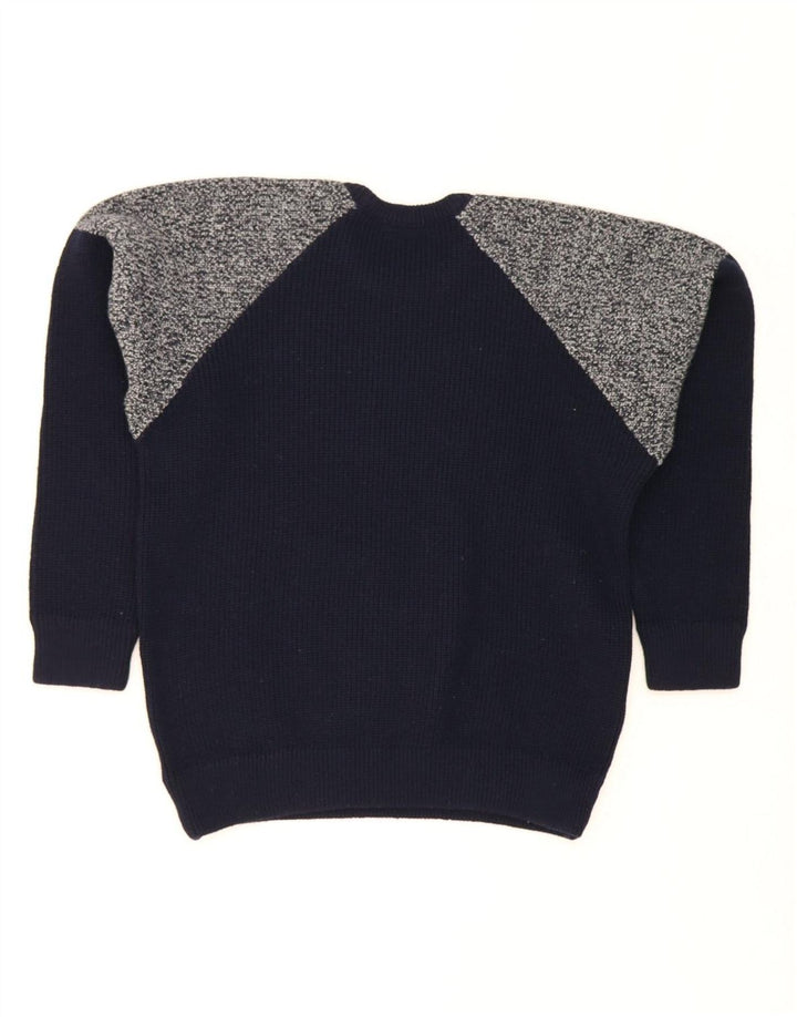 GOOD LUCK Mens Crew Neck Jumper Sweater IT 48 Medium Navy Blue Colourblock Vintage Good Luck and Second-Hand Good Luck from Messina Hembry 
