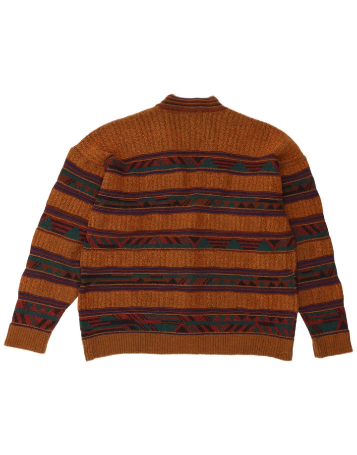 Vintage Mens Cardigan Sweater Medium Brown Geometric