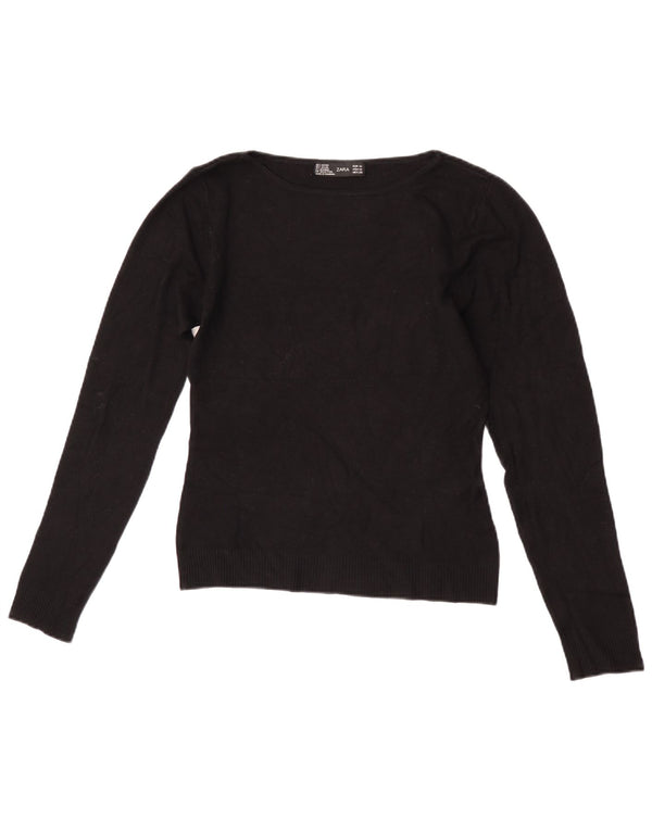 Zara Womens Crop Boat Neck Jumper Sweater UK 12 Medium Black Rayon