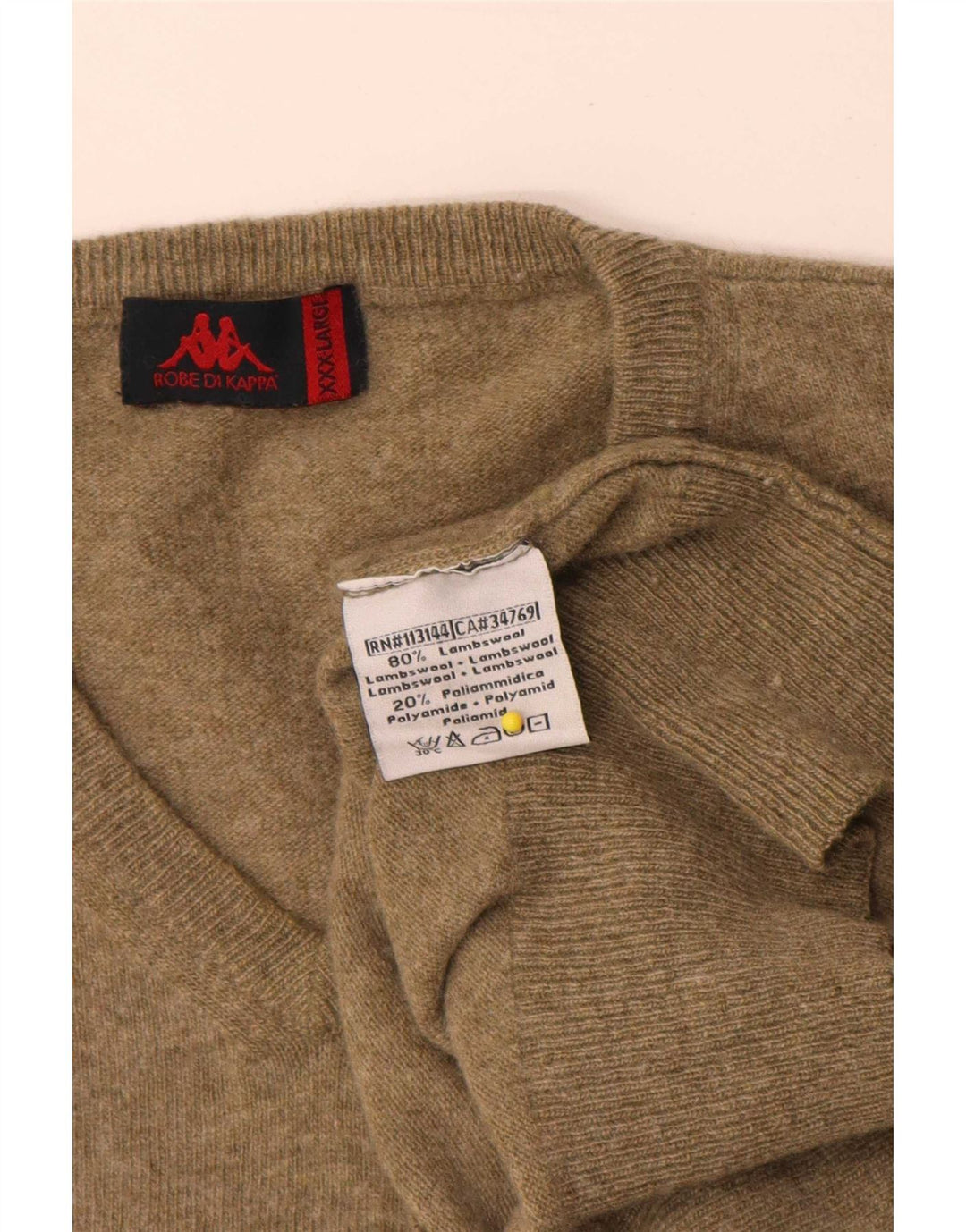 Kappa Mens V-Neck Jumper Sweater 3XL Khaki Lambswool