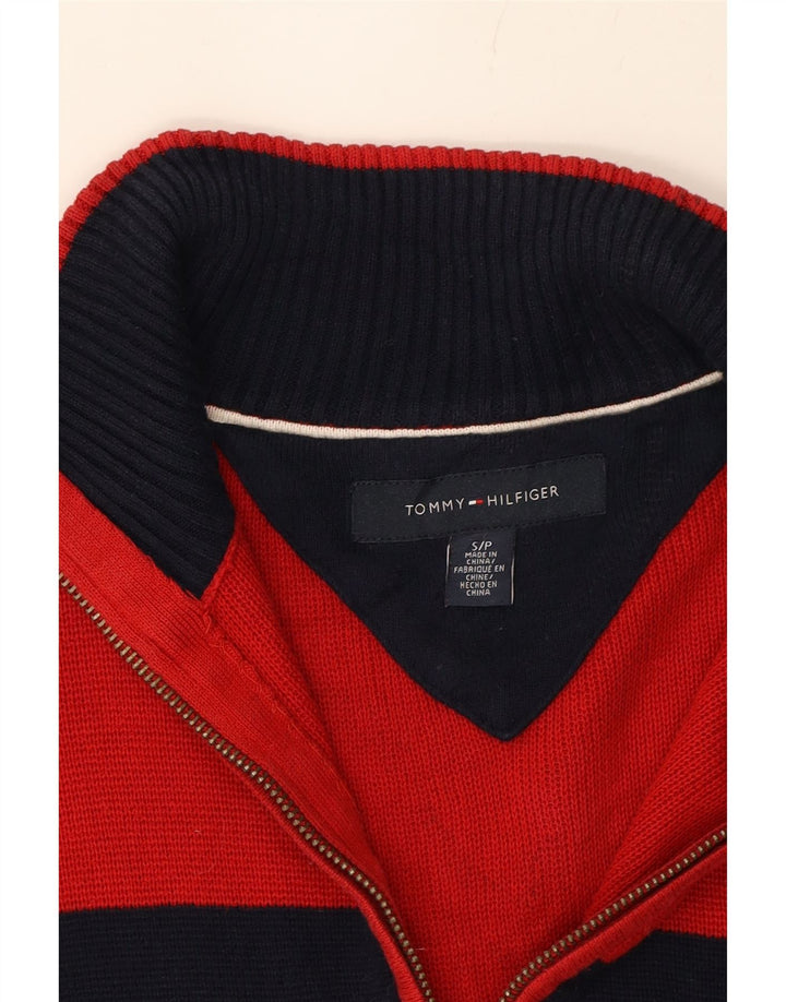 TOMMY HILFIGER Mens Zip Neck Jumper Sweater Small Red Colourblock Cotton Vintage Tommy Hilfiger and Second-Hand Tommy Hilfiger from Messina Hembry 