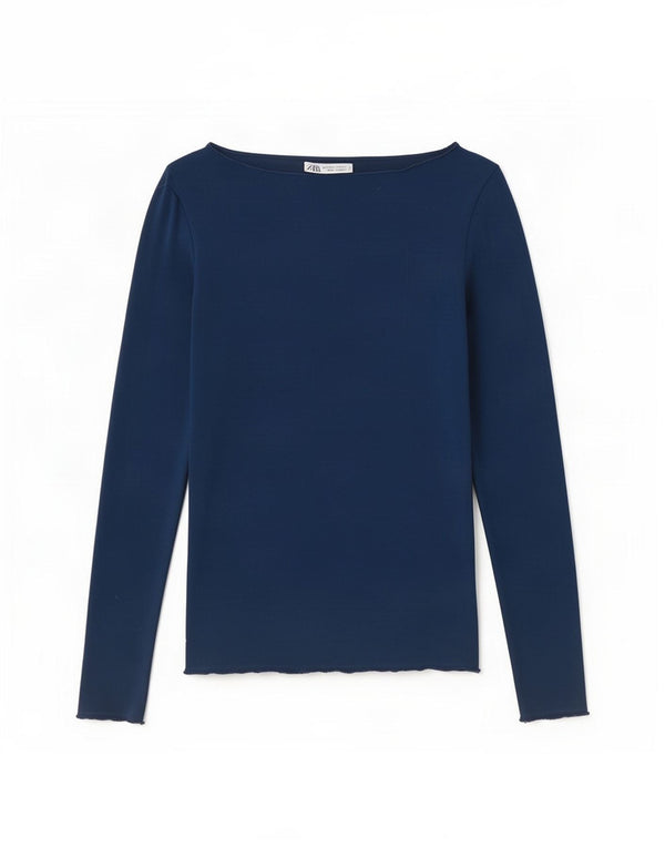 Zara Mujer Top Manga Larga UK 8 Small Azul Marino