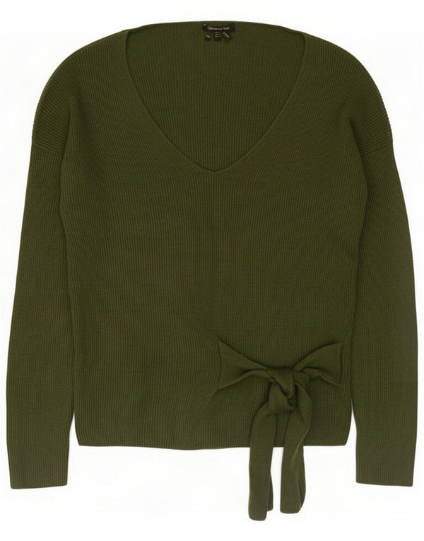 Damski sweter z dekoltem w kształcie litery V, Massimo Dutti, UK 16, duży, zielony, wełniany