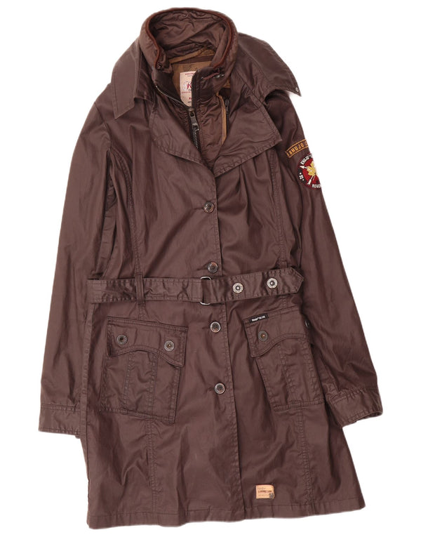 KHUJO Damen Trenchcoat aus gewachster Baumwolle mit Grafik, UK 12, Mittelbraun