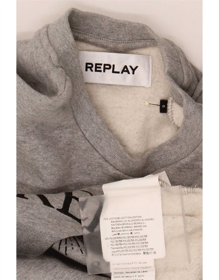 Felpa oversize con grafica da donna Replay, maglione UK 10, piccolo cotone grigio