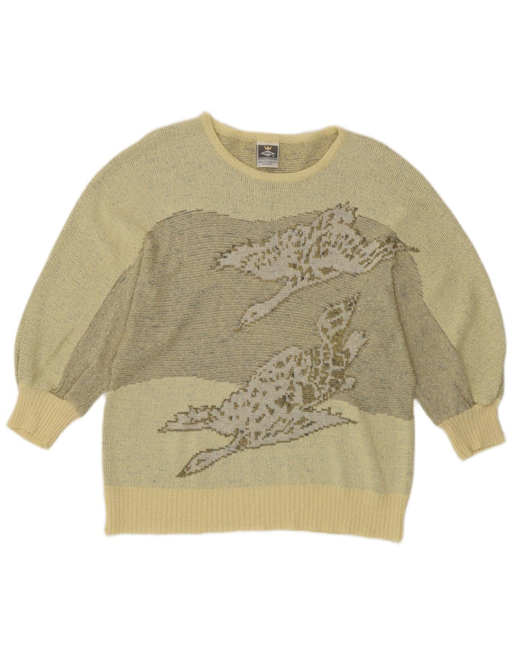 Freya Womens Graphic Boat Neck Jumper Sweater UK 14 Medium Yellow