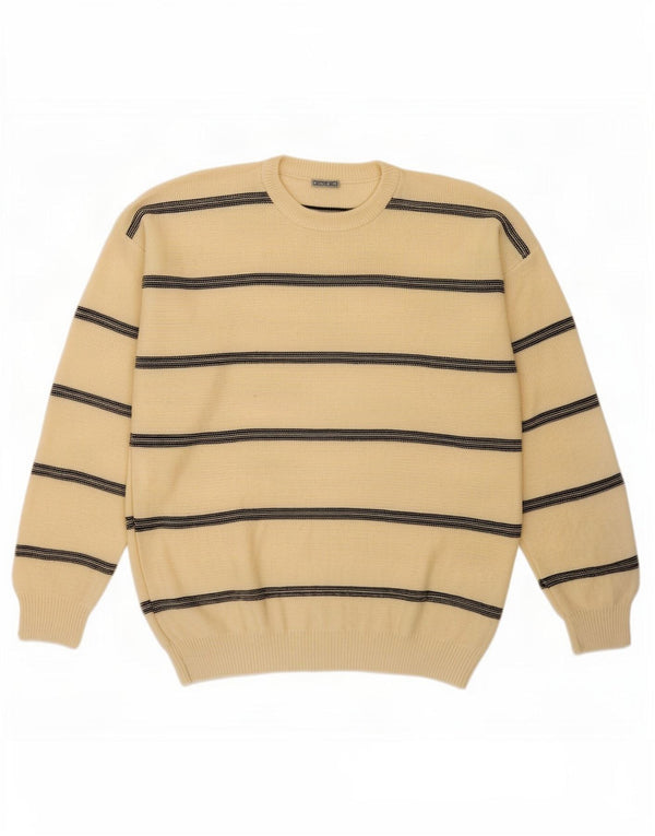 Vintage Mens Crew Neck Jumper Sweater Medium Off White Striped Cotton