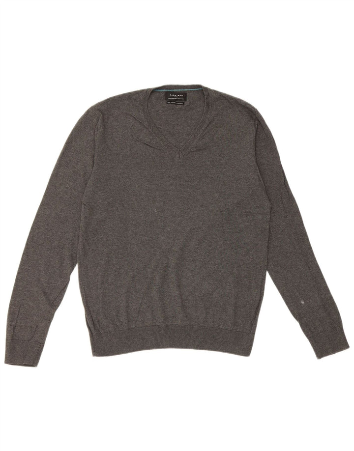 Zara Mens V-Neck Jumper Sweater Medium Grey Silk