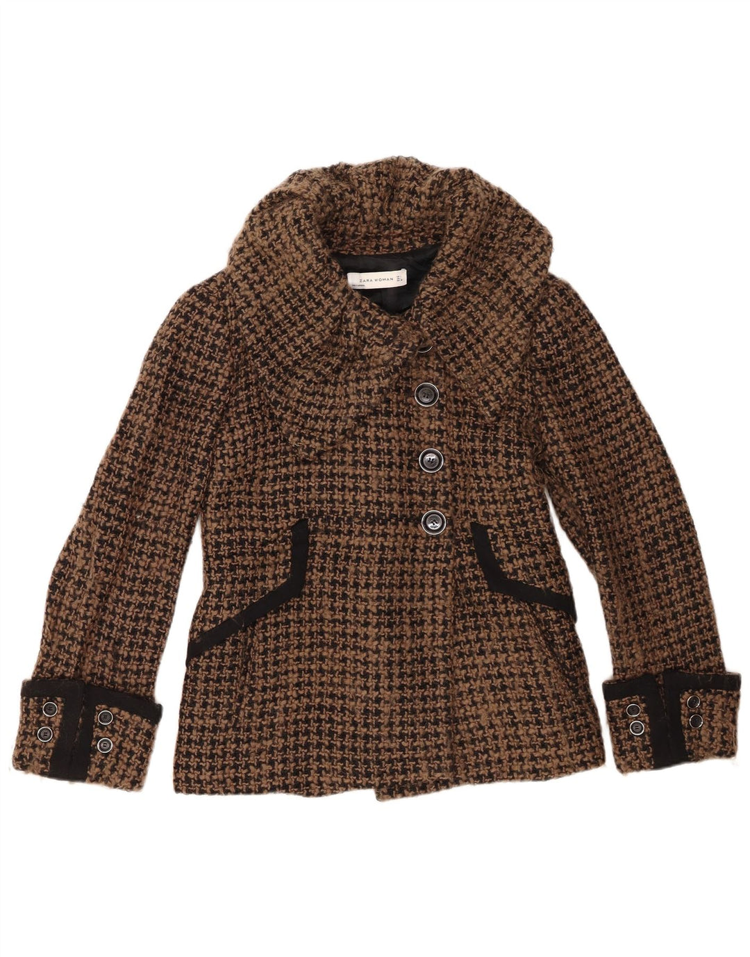 Zara Womens 4 Button Blazer Jacket UK 16 Large Brown Houndstooth Wool
