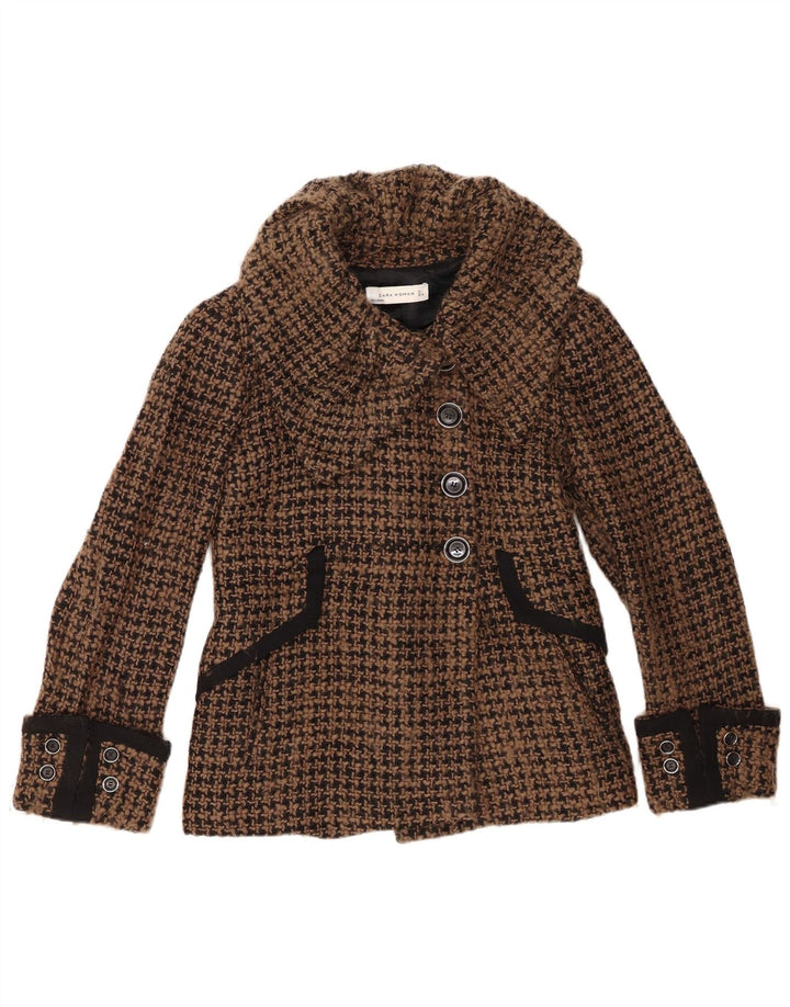 Zara Womens 4 Button Blazer Jacket UK 16 Large Brown Houndstooth Wool