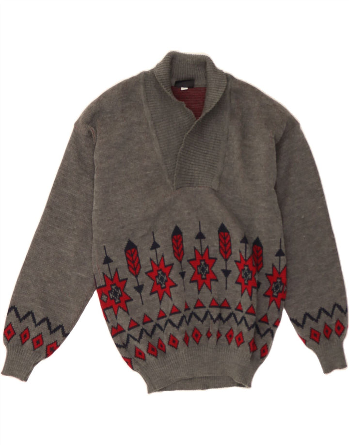 APART Mens Shawl Neck Jumper Sweater Medium Grey Fair Isle Acrylic Vintage Apart and Second-Hand Apart from Messina Hembry 