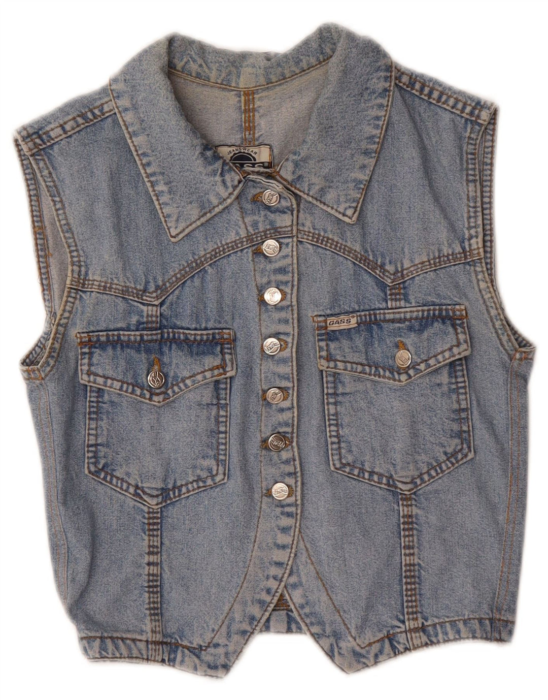 Vintage Womens Crop Denim Waistcoat UK 12 Medium Blue