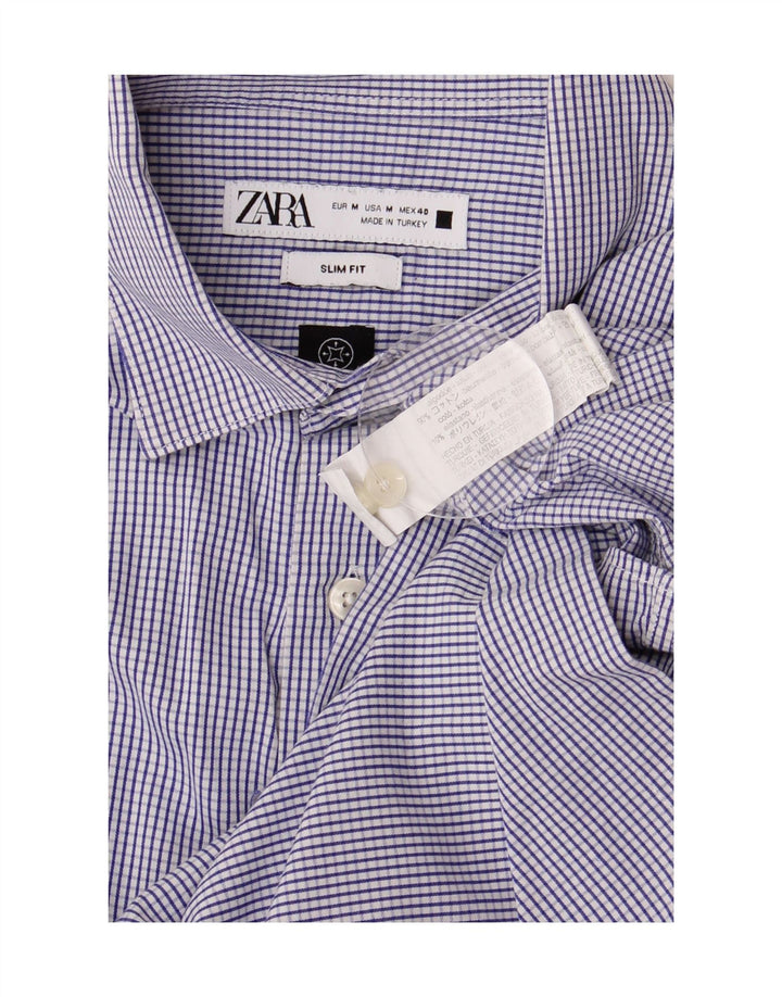 ZARA Herren-Slim-Fit-Hemd aus mittelblauer Karo-Baumwolle