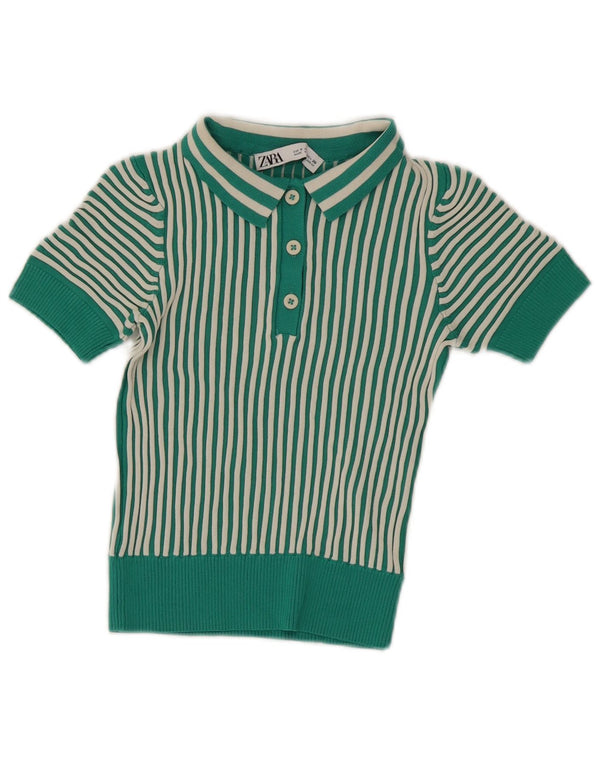 Zara Womens Crop Polo Shirt UK 8 Small grøn stribet viskose