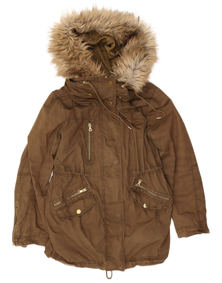 Zara Dame Hooded Parka Jacket UK 14 Medium Khaki Polyester