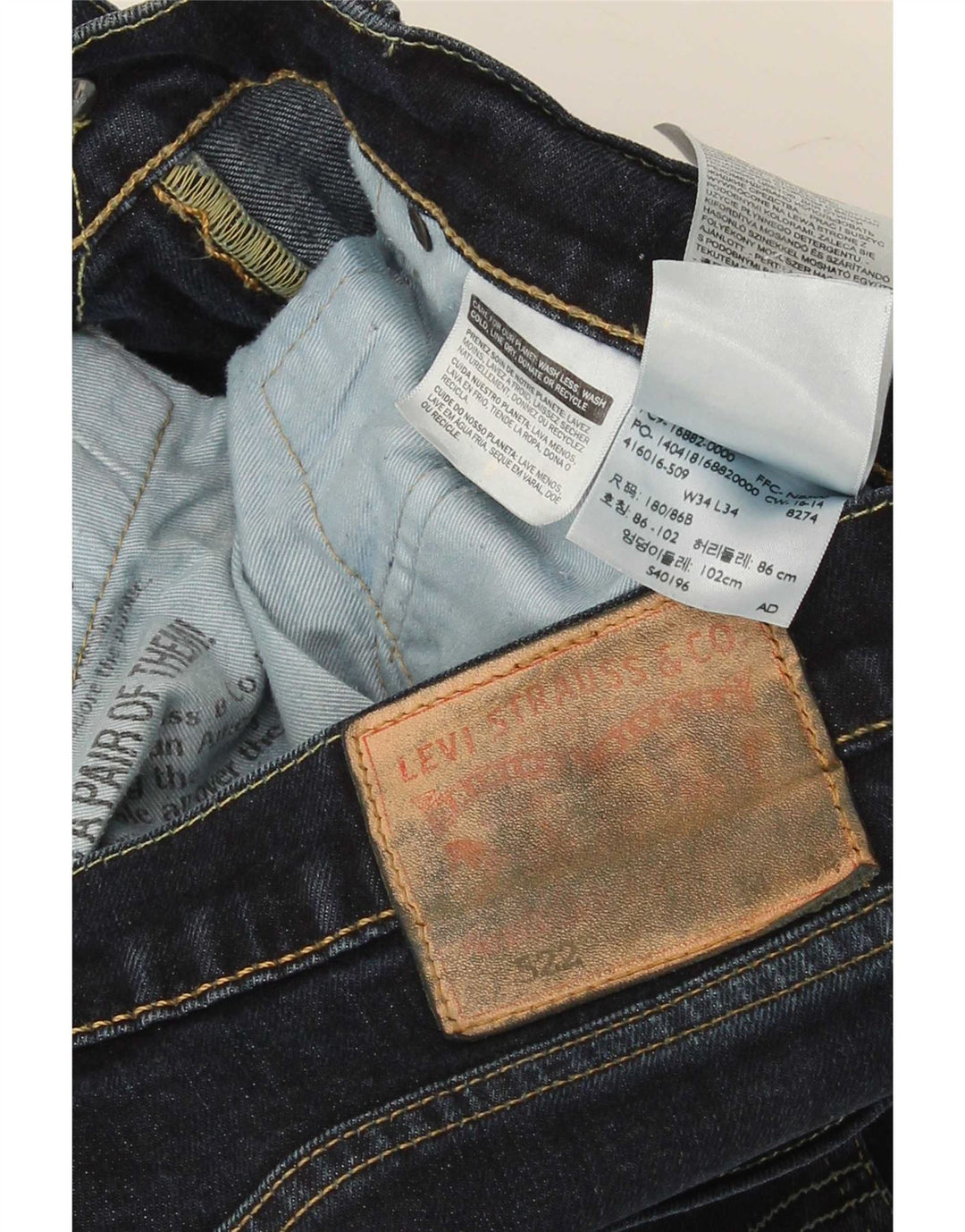 Levi's Mens 522 Slim Jeans W34 L34 Navy Blue Cotton