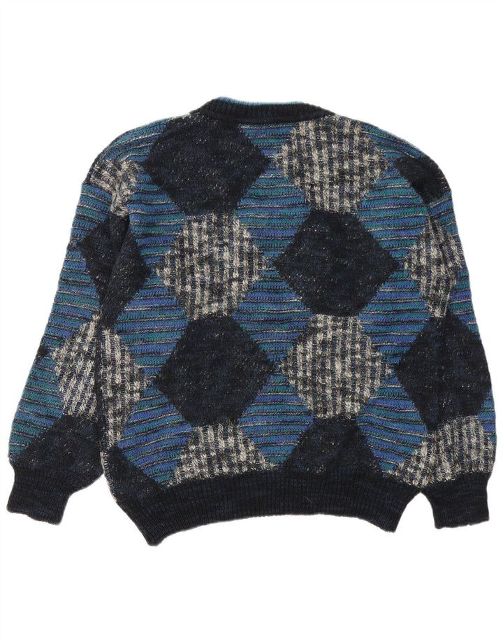 Vintage Mens V-Neck Jumper Sweater IT 48 Medium Blue Argyle/Diamond Wool