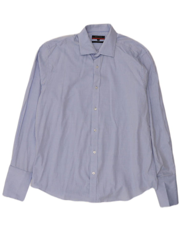 Pierre Cardin Mens Formal Shirt Size 16 1/2 Large Blue Herringbone Cotton