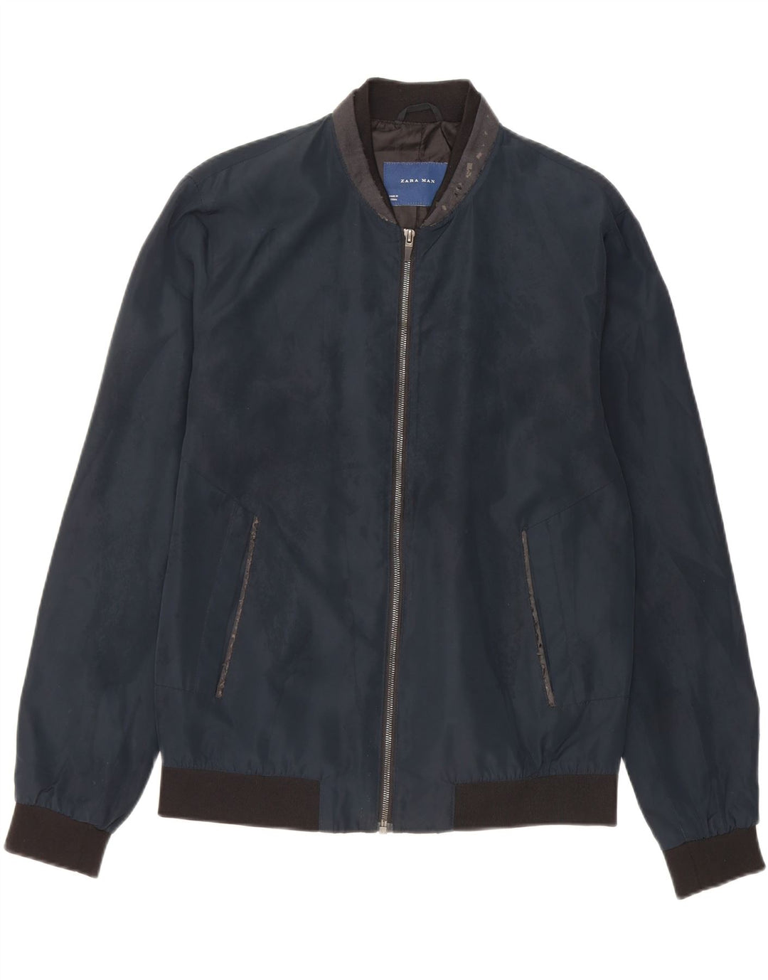 Zara Mens Bomber Jacket UK 40 Large Navy Blue Polyester