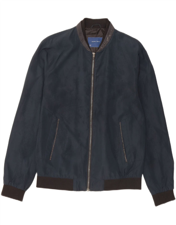 Zara Mens Bomber Jacket UK 40 Large Navy Blue Polyester