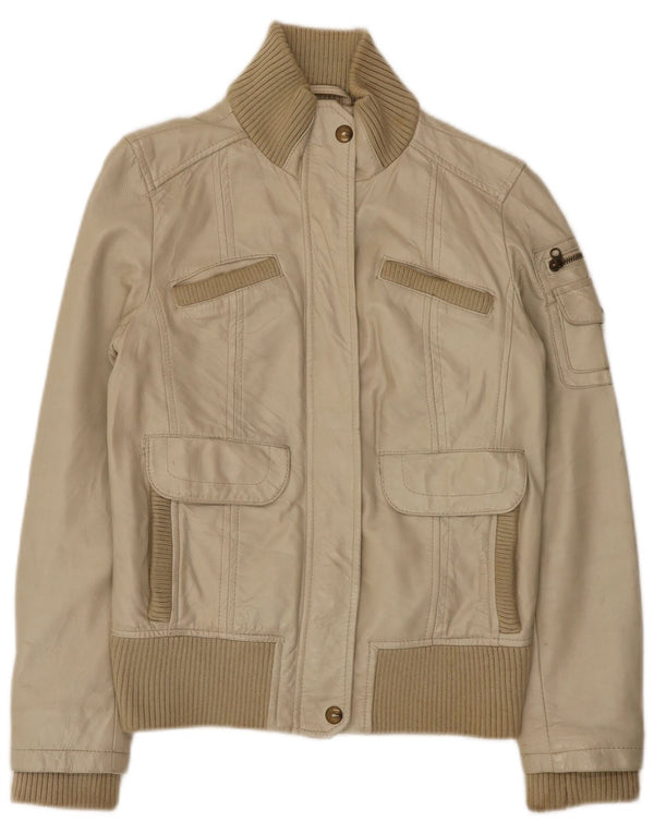 Mango Womens Leather Jacket UK 12 Medium Beige