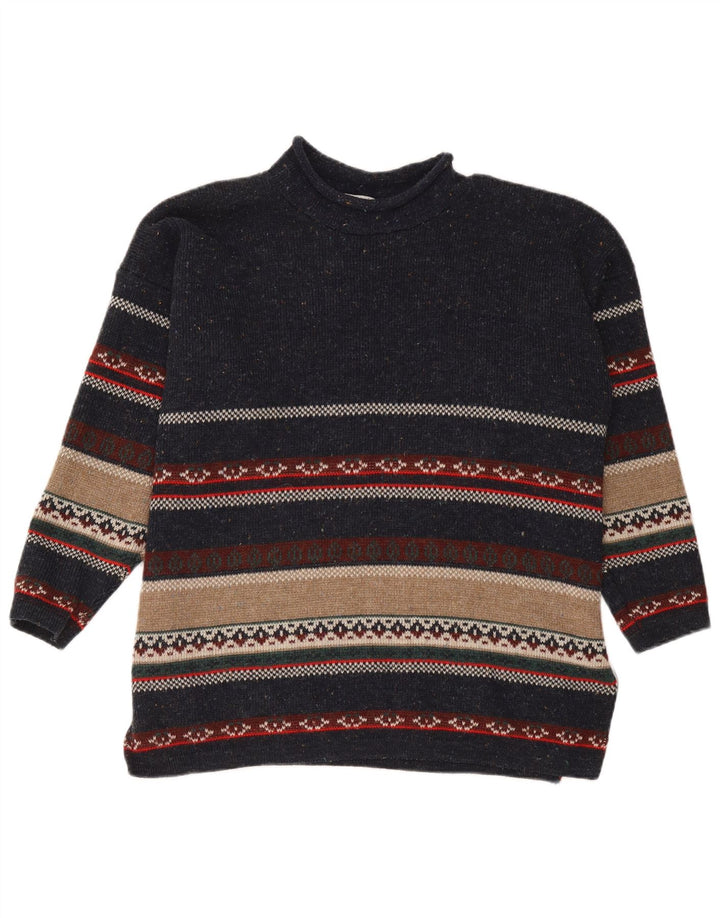 Vintage Mens Turtle Neck Jumper Sweater Medium Navy Blue Striped Acrylic