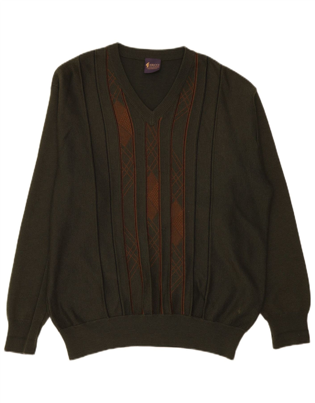Gabicci Mens V-Neck Jumper Sweater Large Khaki Striped Wool
