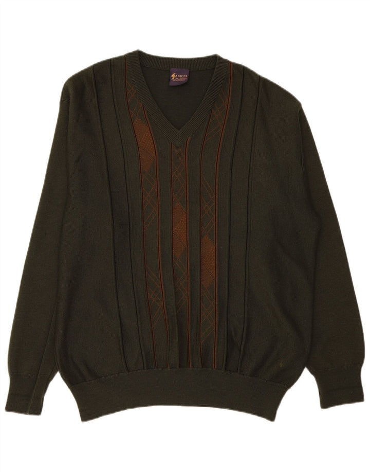 Gabicci Mens V-Neck Jumper Sweater Large Khaki Striped Wool