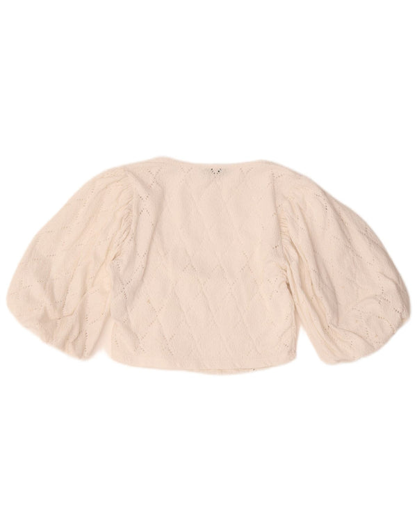Zara Donna Camicetta Corta con Maniche a 3/4 Top UK 14 Grande Cotone Bianco