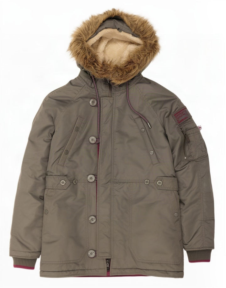 Superdry Mens Hooded Parka Jacket UK 38 Medium Grey Nylon