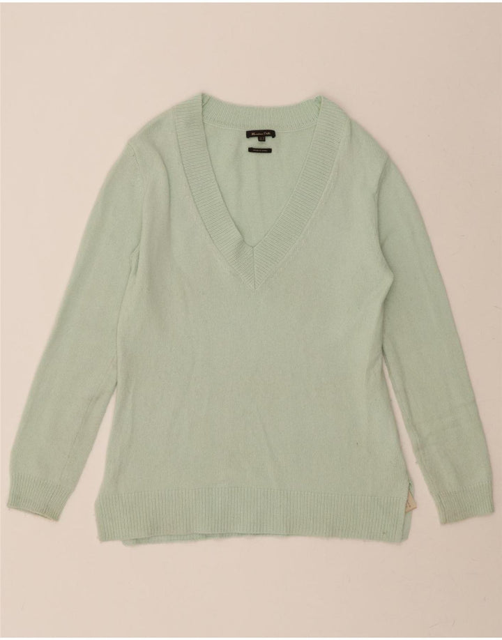 MASSIMO DUTTI Womens V-Neck Jumper Sweater UK 14 Medium Green Polyamide Vintage Massimo Dutti and Second-Hand Massimo Dutti from Messina Hembry 