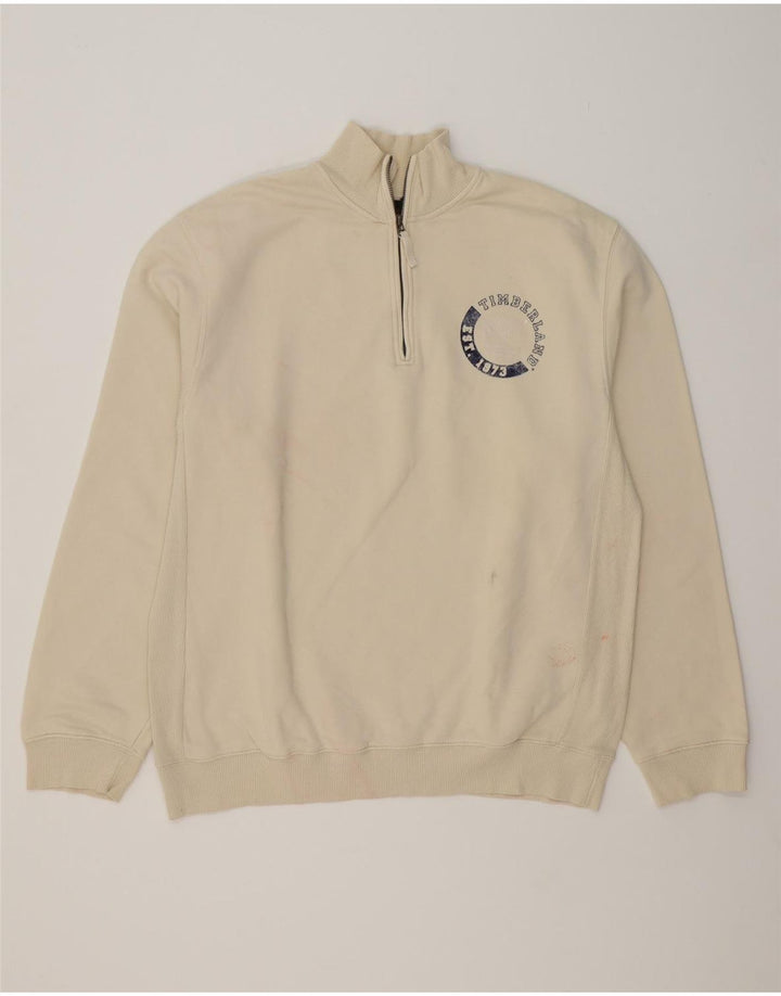 TIMBERLAND Mens Graphic Zip Neck Sweatshirt Jumper Large Off White Cotton Vintage Timberland and Second-Hand Timberland from Messina Hembry 