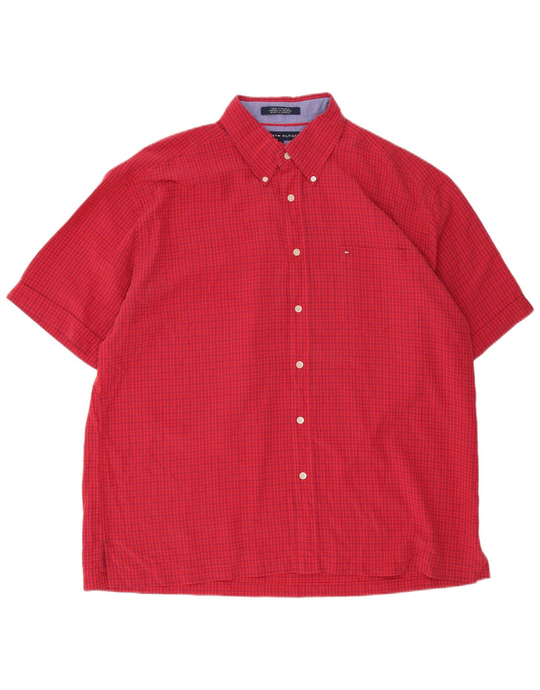 Tommy Hilfiger Mens Short Sleeve Shirt XL Red Gingham Rayon