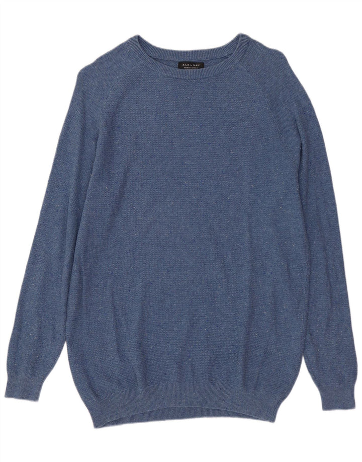 ZARA Herren-Pullover mit U-Boot-Ausschnitt, Mittelblau meliertes Polyester