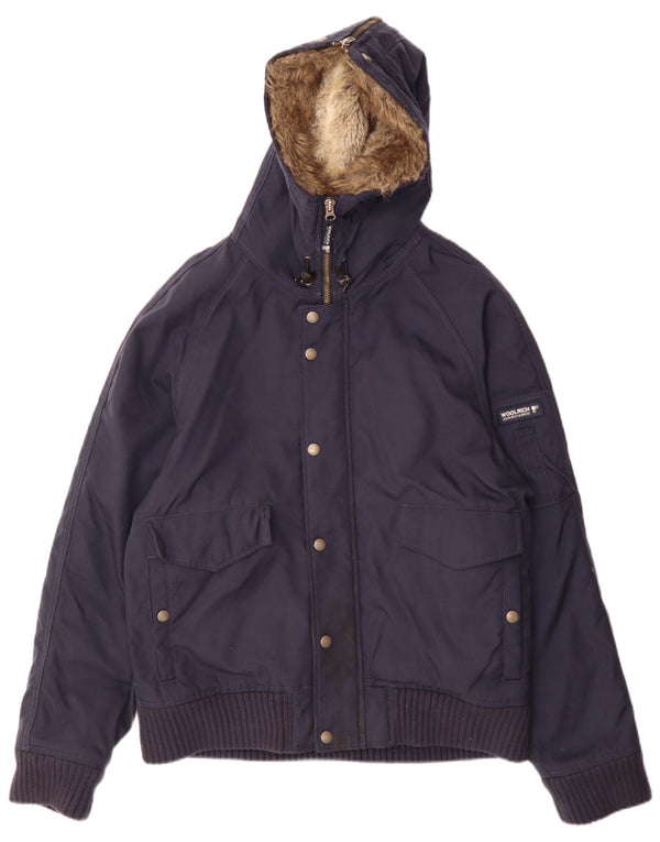 Woolrich Mens Hooded Bomber Jacket UK 38 Medium Navy Blue Nylon