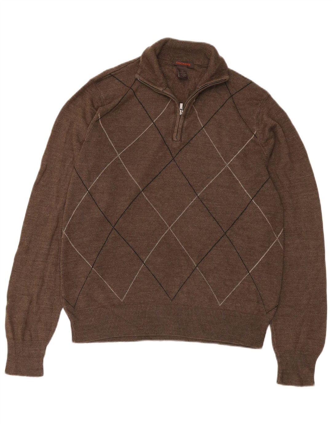 Dockers Mens Zip Neck Jumper Sweater Small Brown Argyle/Diamond Acrylic