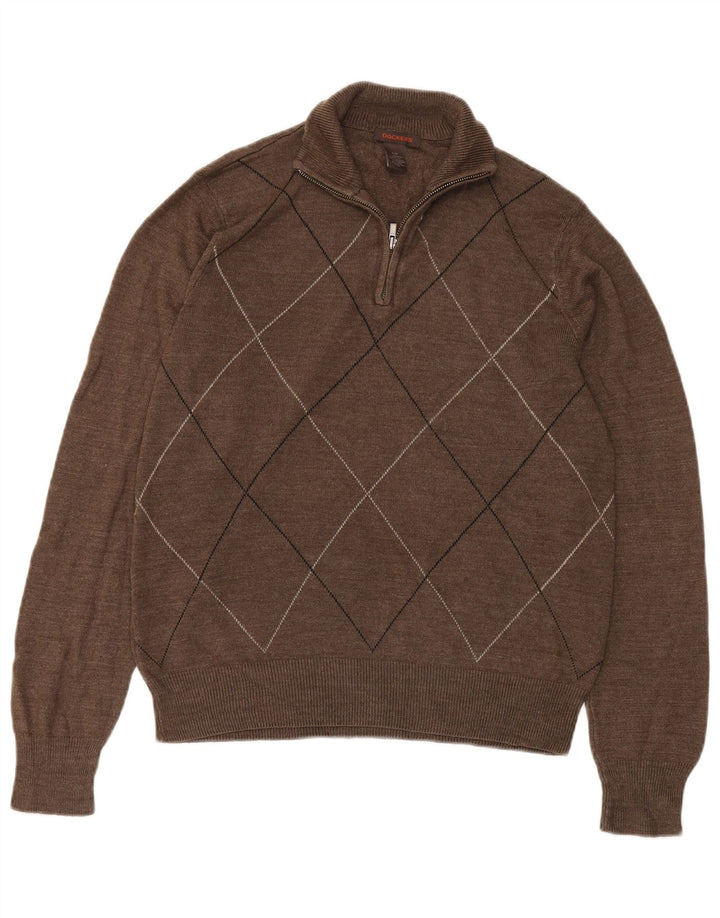 Dockers Mens Zip Neck Jumper Sweater Small Brown Argyle/Diamond Acrylic